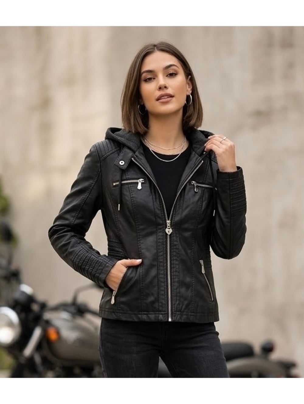 NWT Lock & Love Women's Black Faux Leather Moto Jacket with Hood